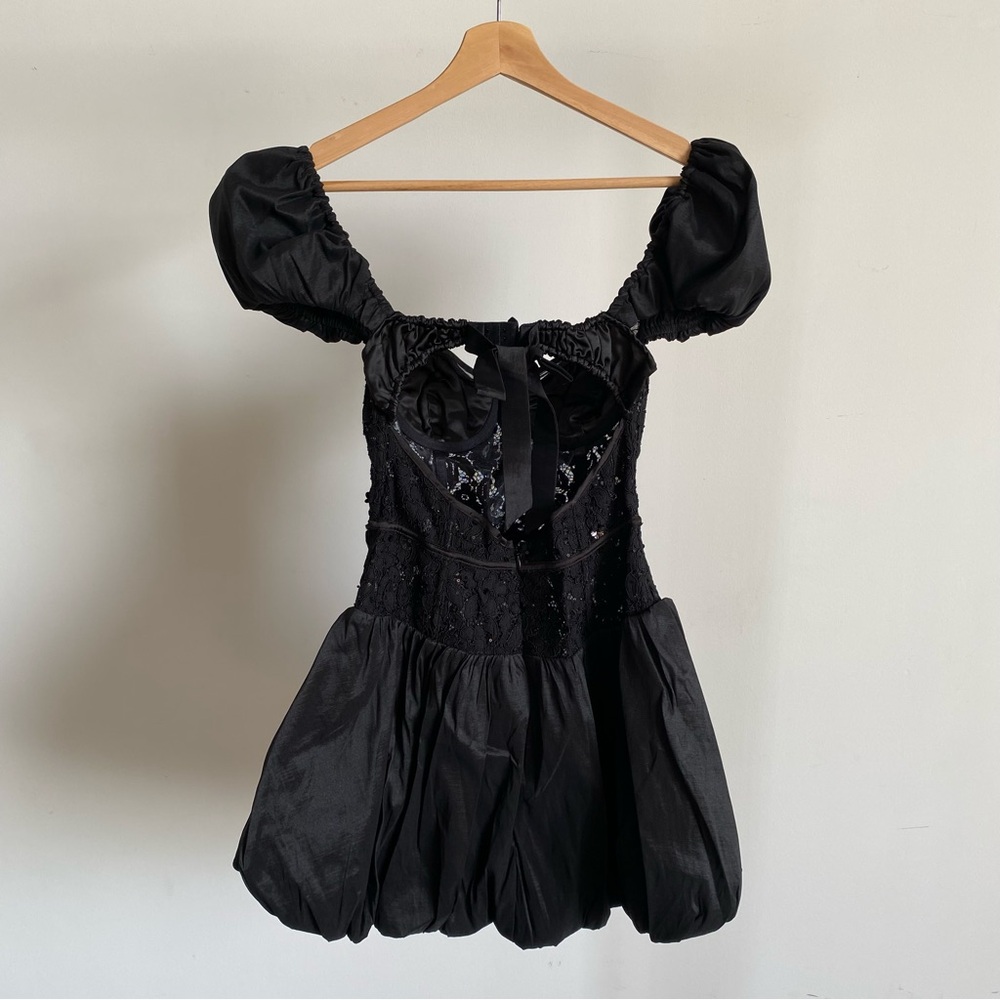 For Love And Lemons Black Embellished Puff-Sleeve Bubble Mini Dress - Picture 10 of 12